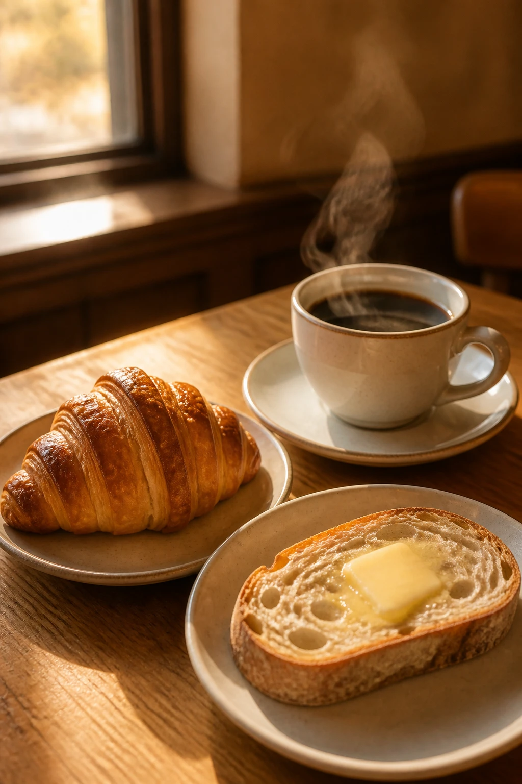 Mesa de café da manhã com luz dourada da manhã: croissant folhado, xícara de café fumegante e fatia de pão com manteiga, sobre madeira clara perto de uma janela