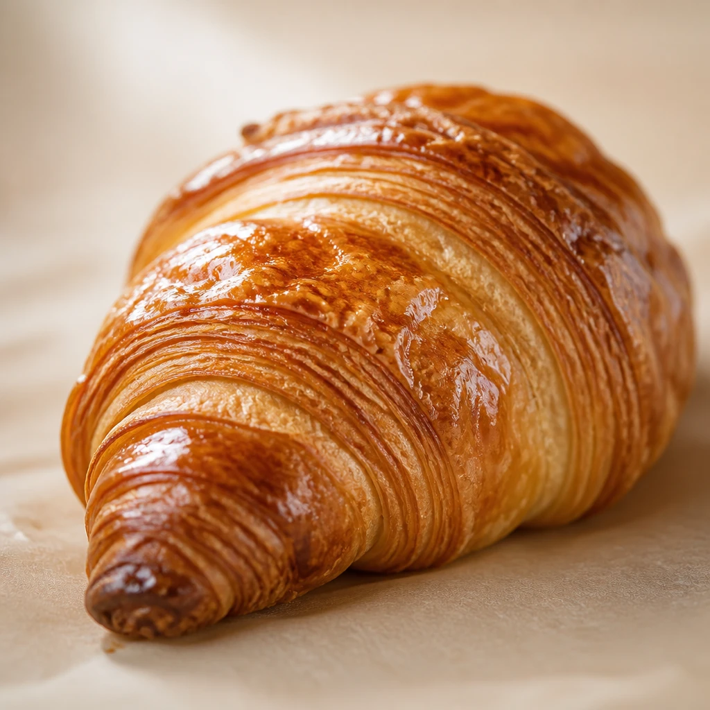 Croissant folhado de manteiga com camadas crocantes e douradas, brilhante e em close, sobre papel manteiga claro