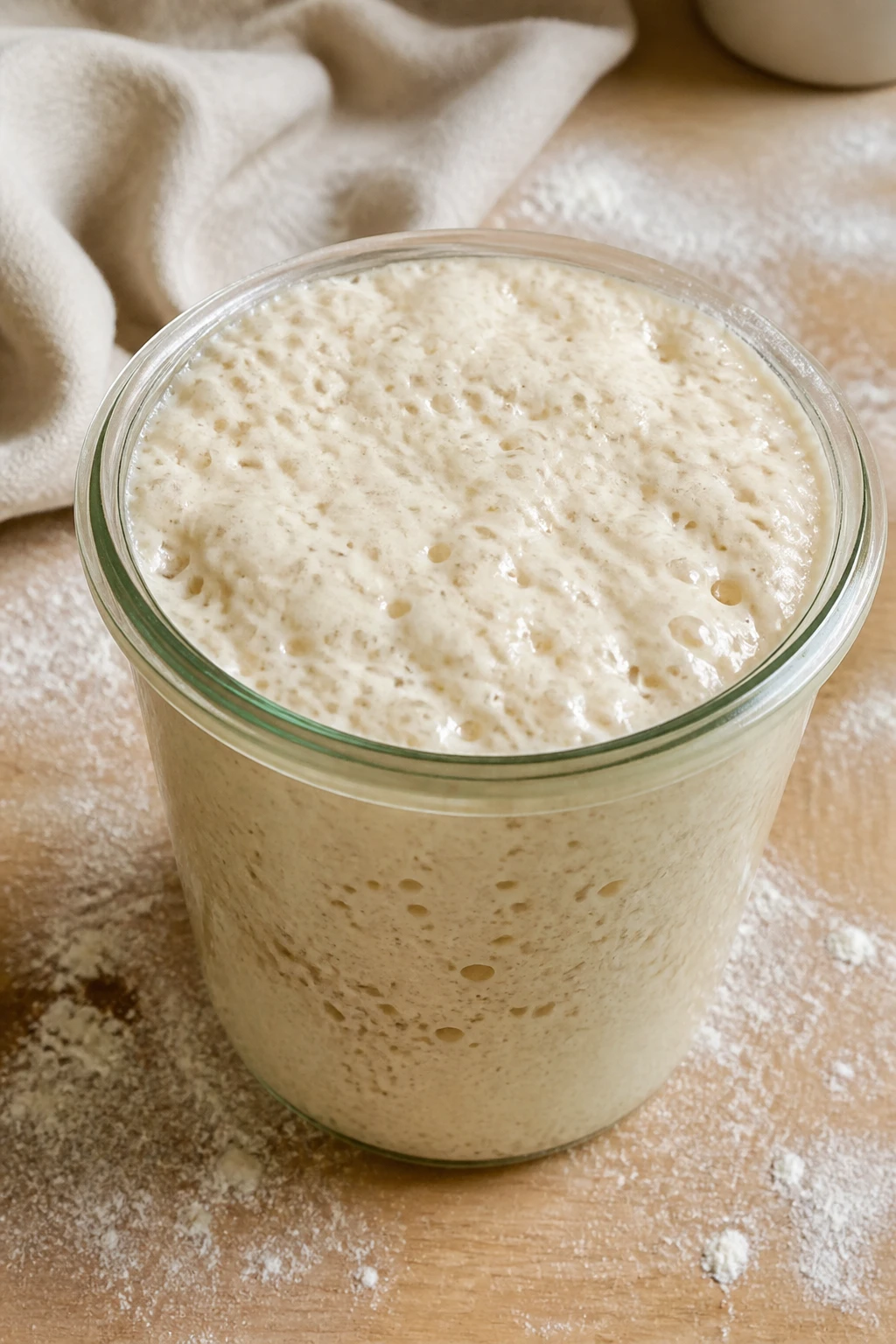Pote de vidro com massa-mãe de fermentação natural borbulhante e ativa, cheia de bolhas, em close sobre uma bancada de madeira com farinha espalhada