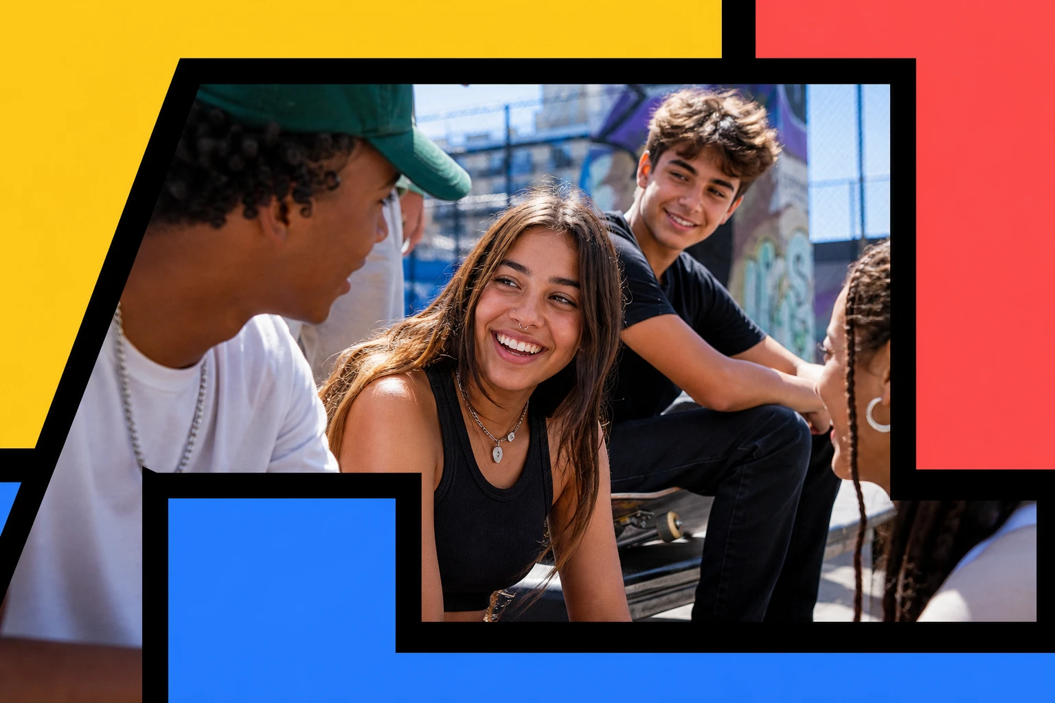 Adolescentes reais conversando e rindo num espaço descontraído, recorte geométrico com borda preta sobre bloco de cor