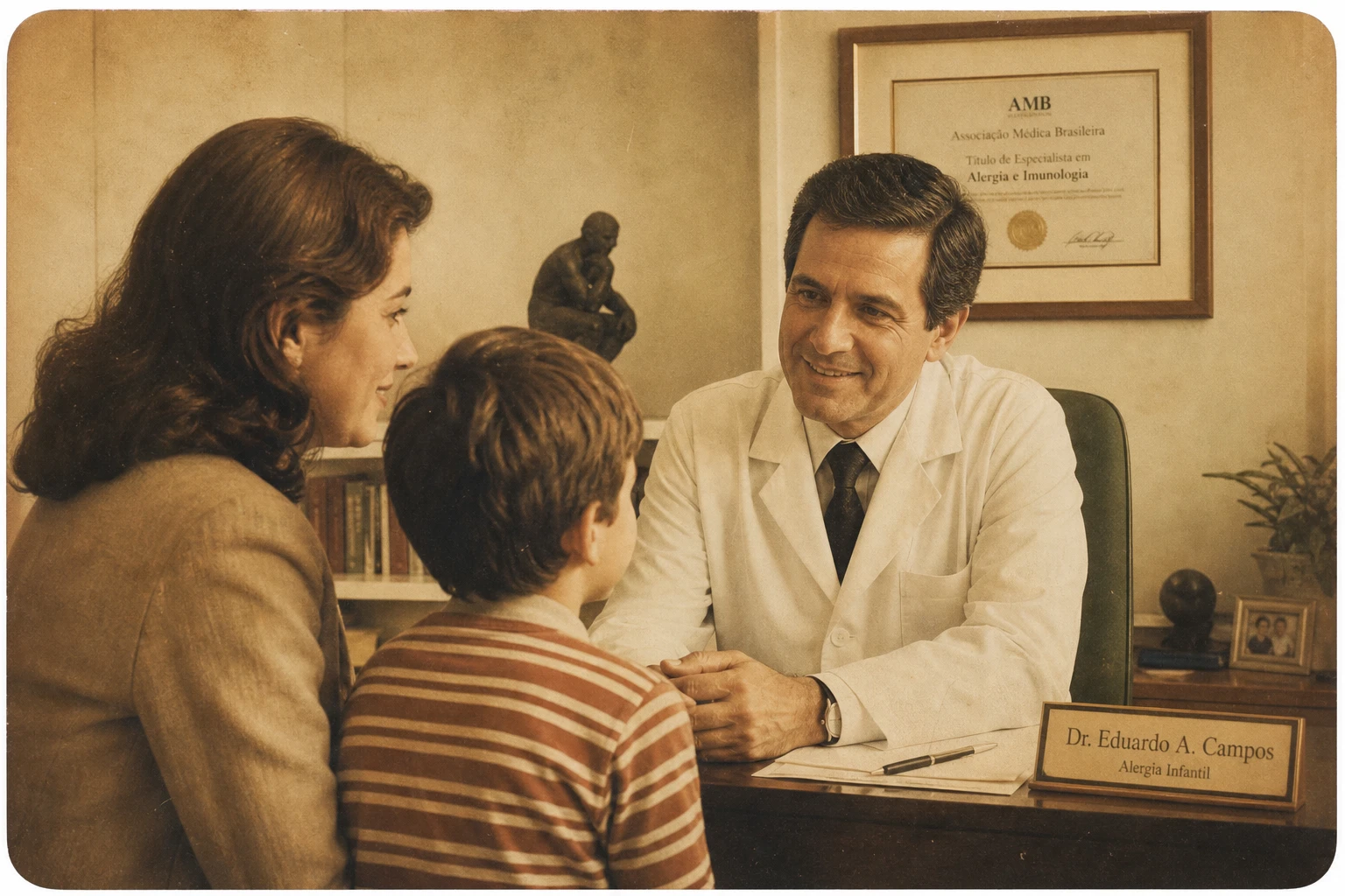 Dr. Thiago, pediatra alergista, conversando com calma ao lado de uma mãe e seu filho pequeno em um consultório com luz quente de fim de tarde, tratamento de foto vintage desbotada