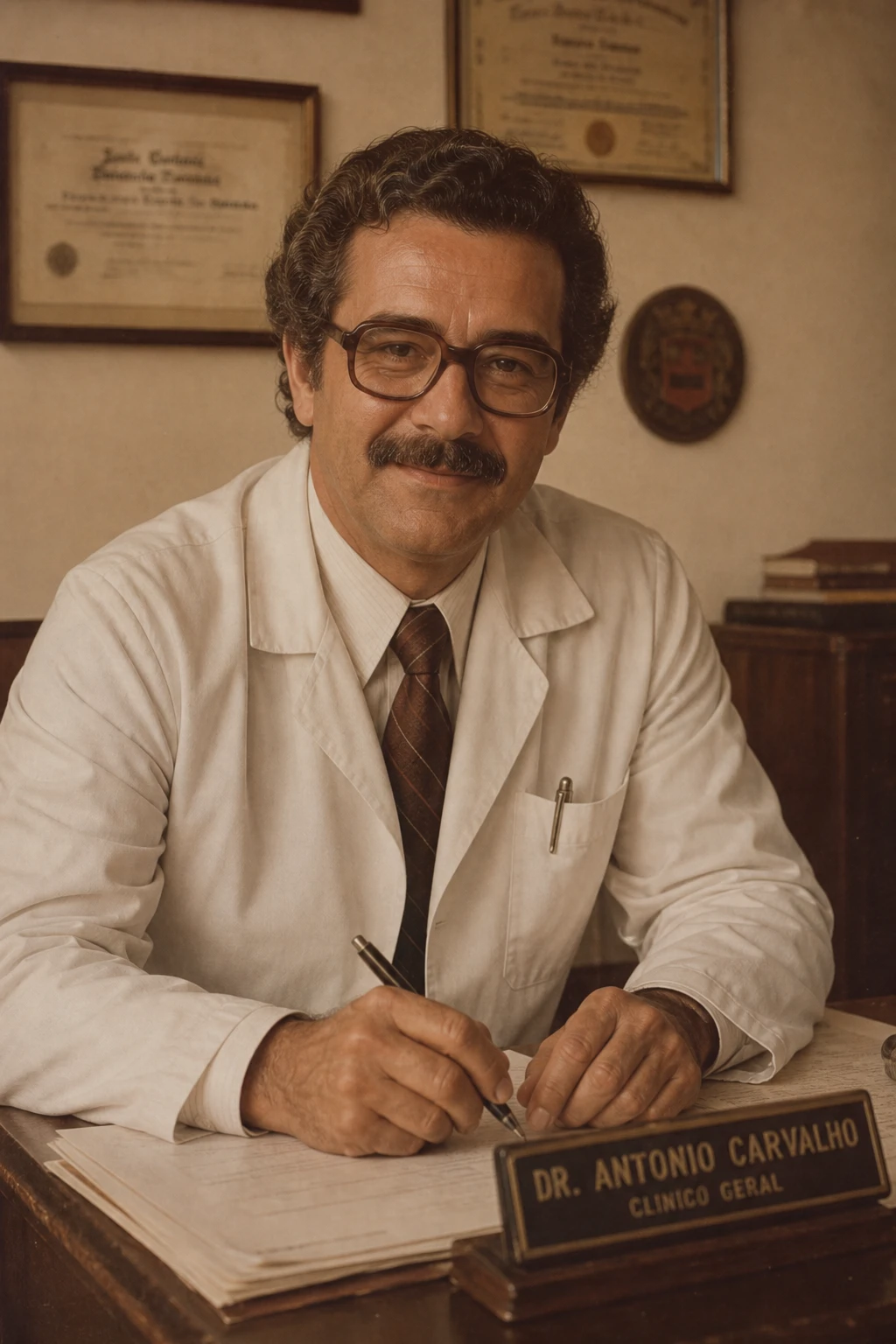 Retrato do Dr. Thiago Vasconcelos em luz natural quente, expressão atenta e acolhedora, tratamento de fotografia analógica desbotada com bordas arredondadas