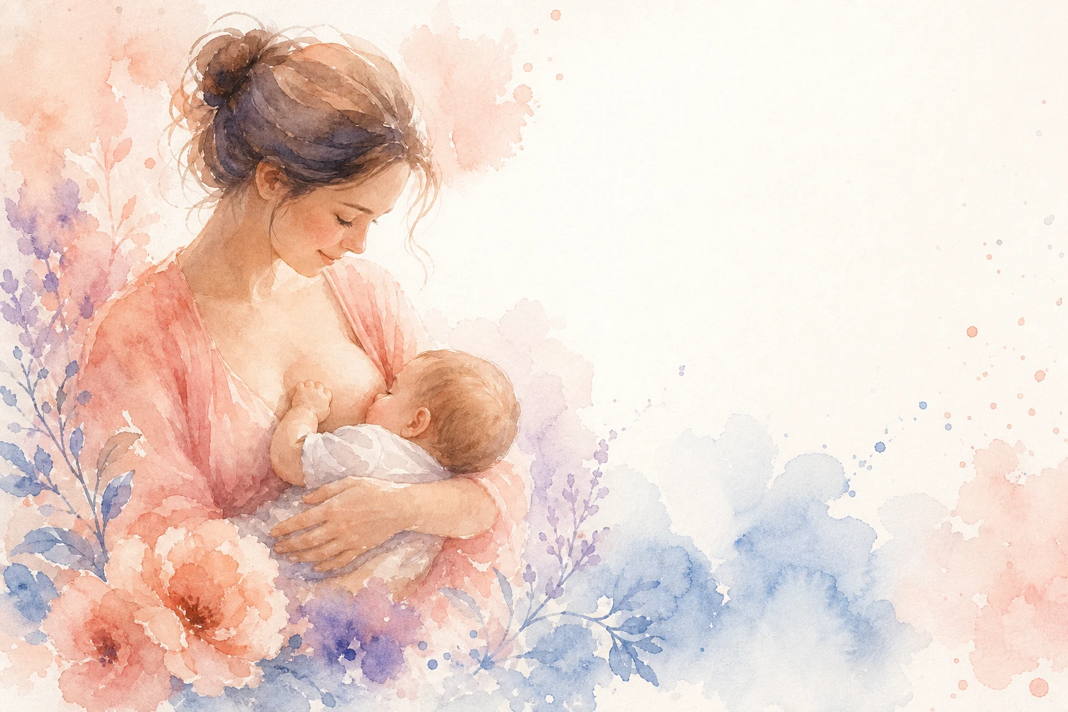 Silhueta aquarelada de uma mãe amamentando o bebê em luz suave e dourada, em tons de pêssego e lilás, com respingos de tinta ao redor