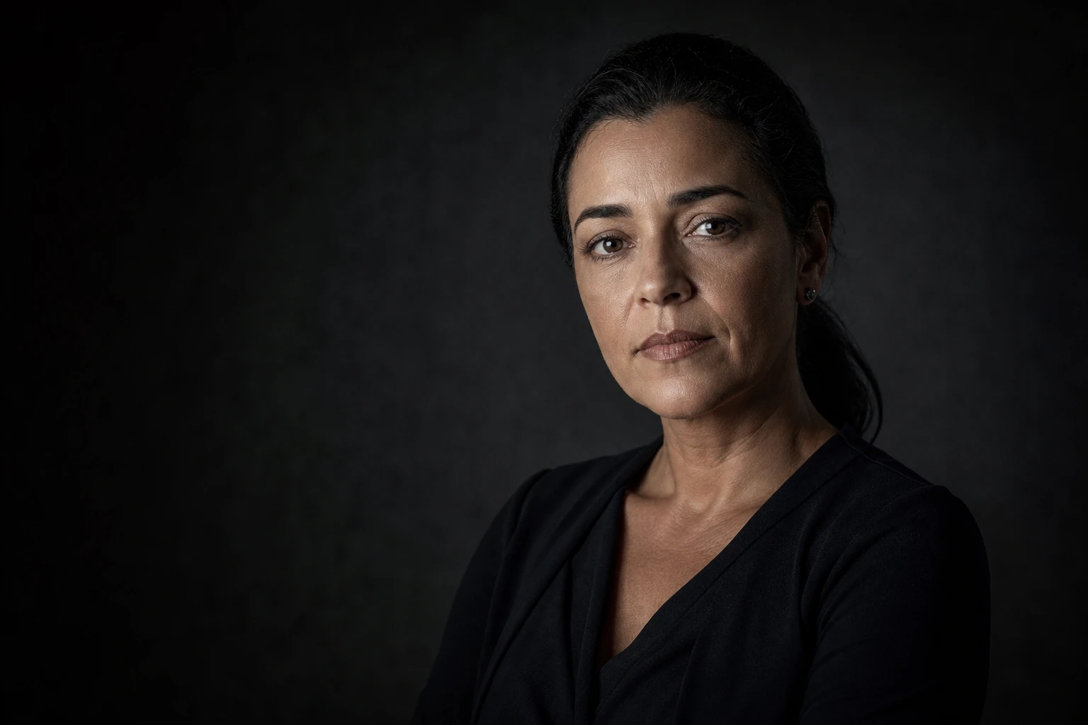 Retrato editorial em preto e branco da Dra. Beatriz Caldeira olhando para a câmera com seriedade acolhedora, luz lateral suave sobre fundo escuro