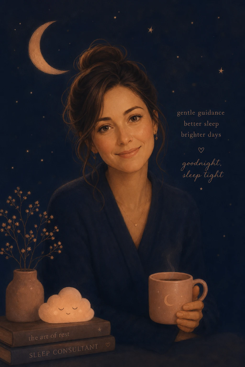 Retrato suave e acolhedor da Dra. Letícia Hartmann, em tons de azul-noite, sorriso tranquilo.
