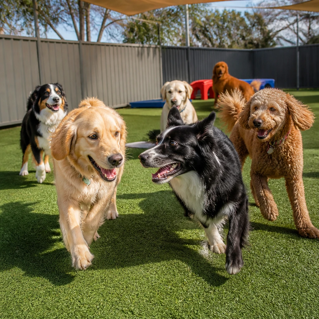 Grupo de cães de portes variados brincando juntos num pátio iluminado de day care, expressões felizes e movimento, ambiente seguro