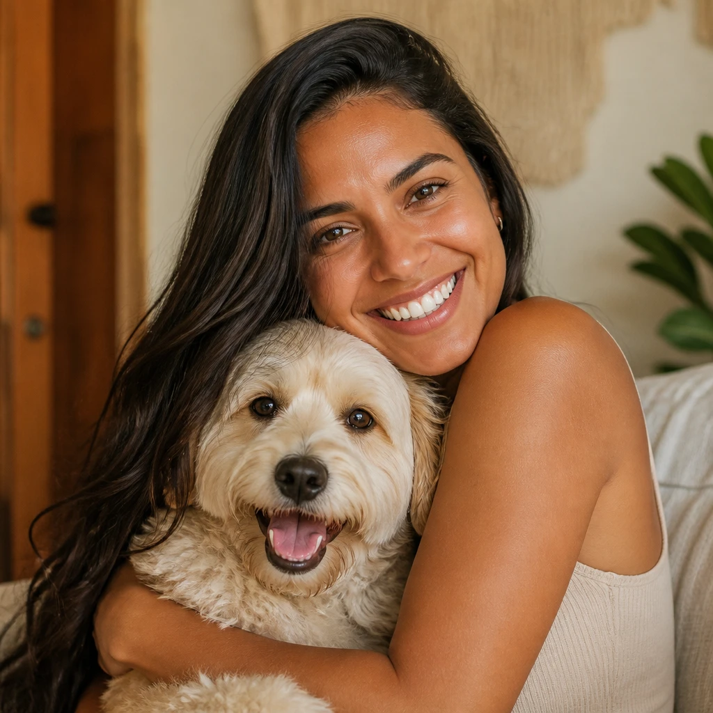 Retrato de uma tutora abraçando sua cachorra de pelo claro, sorrindo, ambiente acolhedor