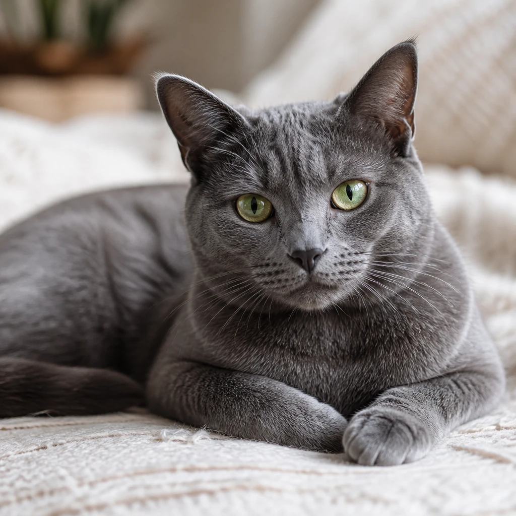 Gato de pelo cinza limpo e brilhante deitado relaxado, olhos verdes tranquilos, sobre manta clara