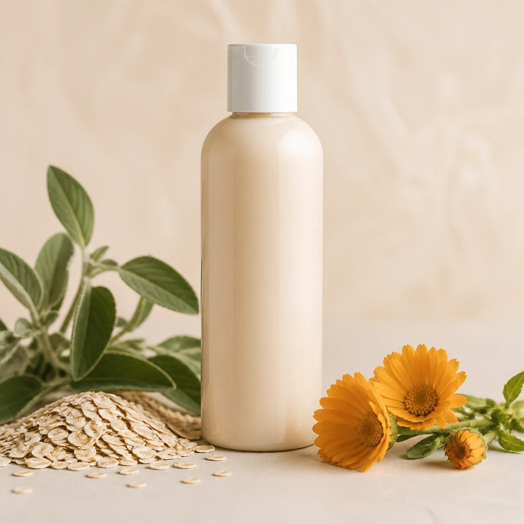 Frasco de shampoo natural para cães sobre fundo creme, com aveia e folhas verdes ao lado, embalagem clara e minimalista