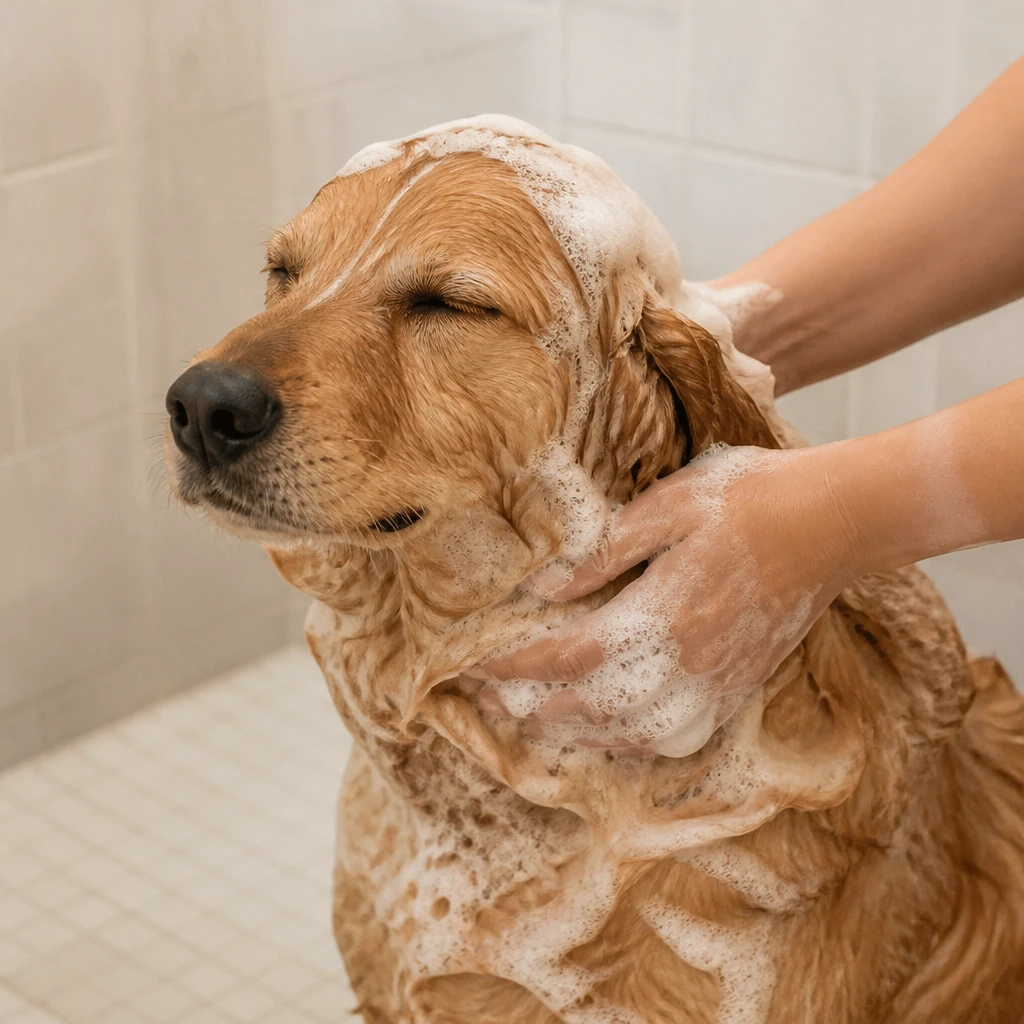 Cachorro de porte médio recebendo banho com espuma suave, mãos massageando o pelo com cuidado, água morna e ambiente limpo e claro