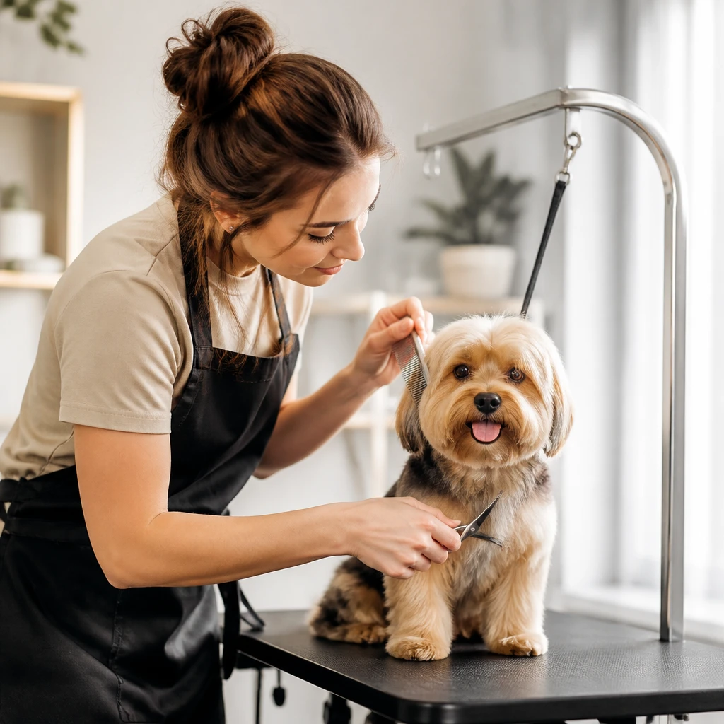 Tosador penteando com delicadeza o pelo de um cachorro de pequeno porte sobre a mesa, expressão concentrada e cuidadosa, luz suave