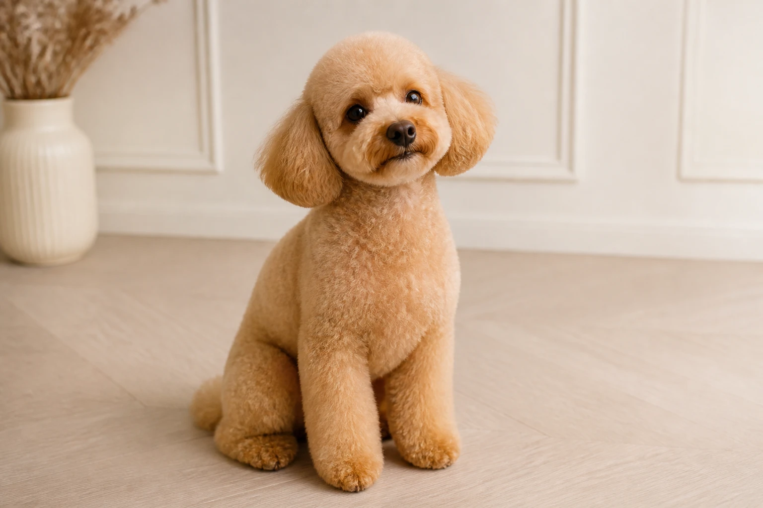 Cachorro de pelo cacheado recém-tosado, sentado e olhando para cima com expressão satisfeita, pelo bem aparado e fofo