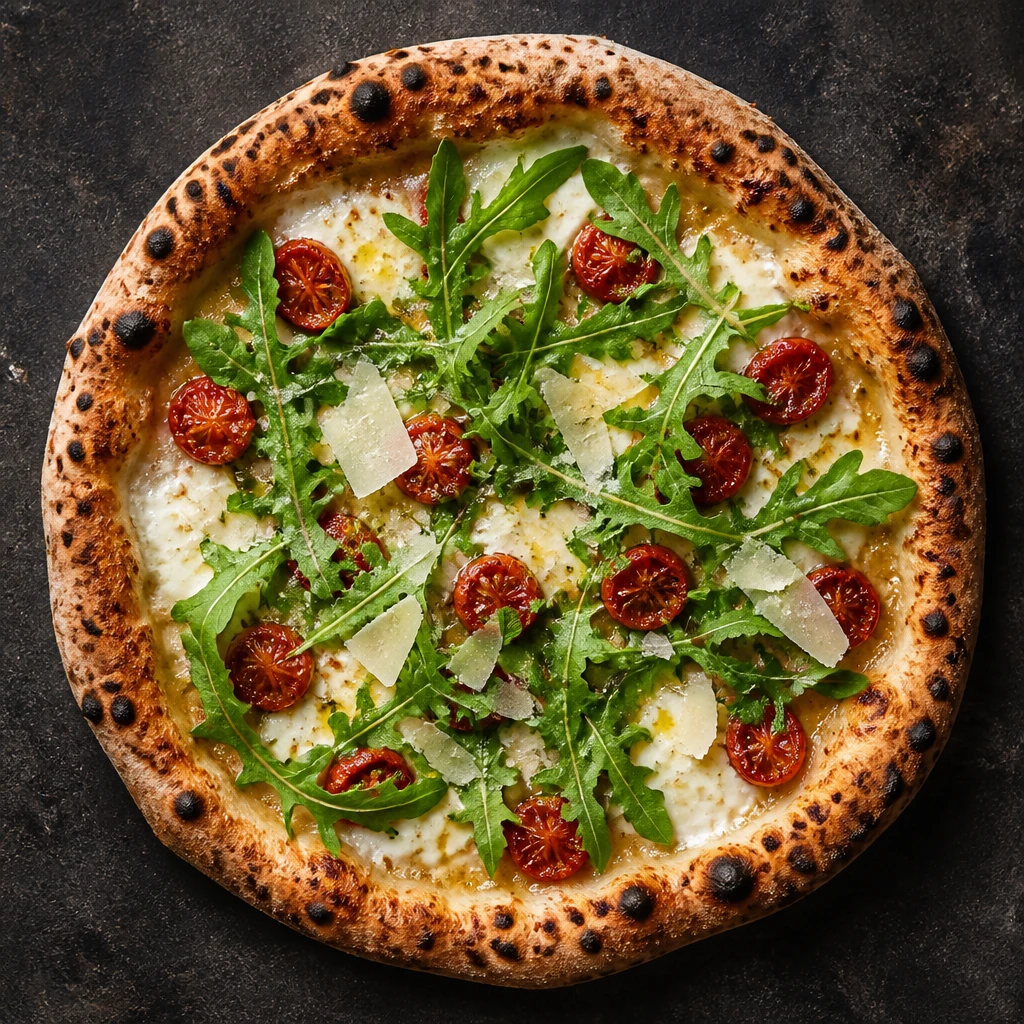 Pizza especial da casa vista de cima, tomatinhos confitados, mussarela de búfala, rúcula fresca e lascas de parmesão, fio de azeite, sobre superfície escura