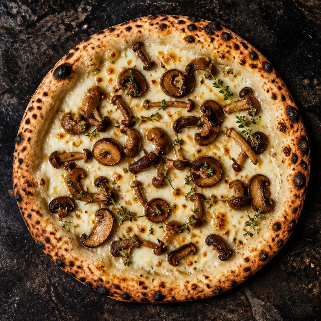 Pizza branca de cogumelos vista de cima, fatias de cogumelo paris e shimeji douradas, mussarela e tomilho, sobre bancada de pedra