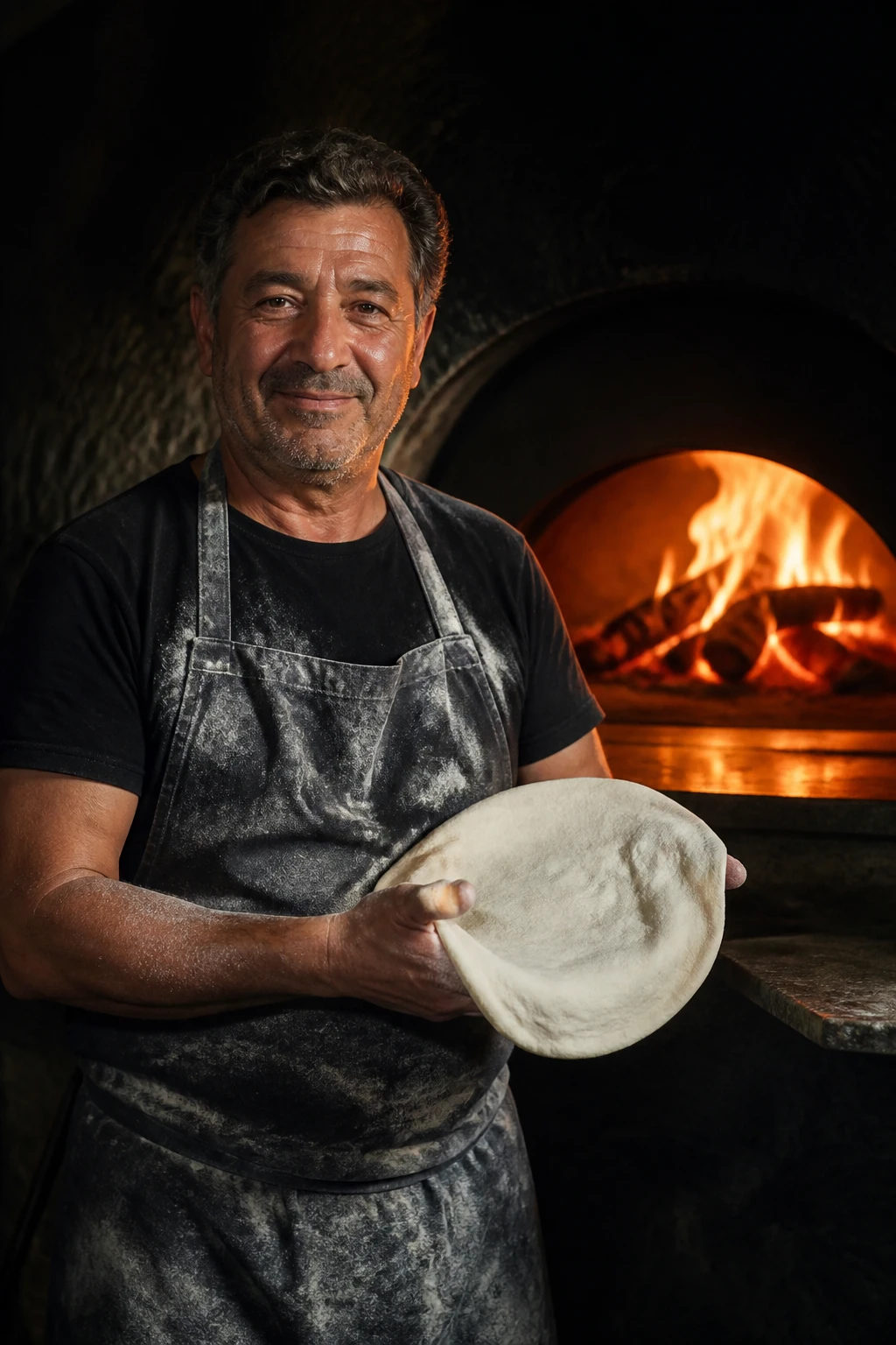 Retrato do pizzaiolo Salvatore, homem adulto de avental polvilhado de farinha, segurando um disco de massa aberto, luz quente e fundo escuro do forno