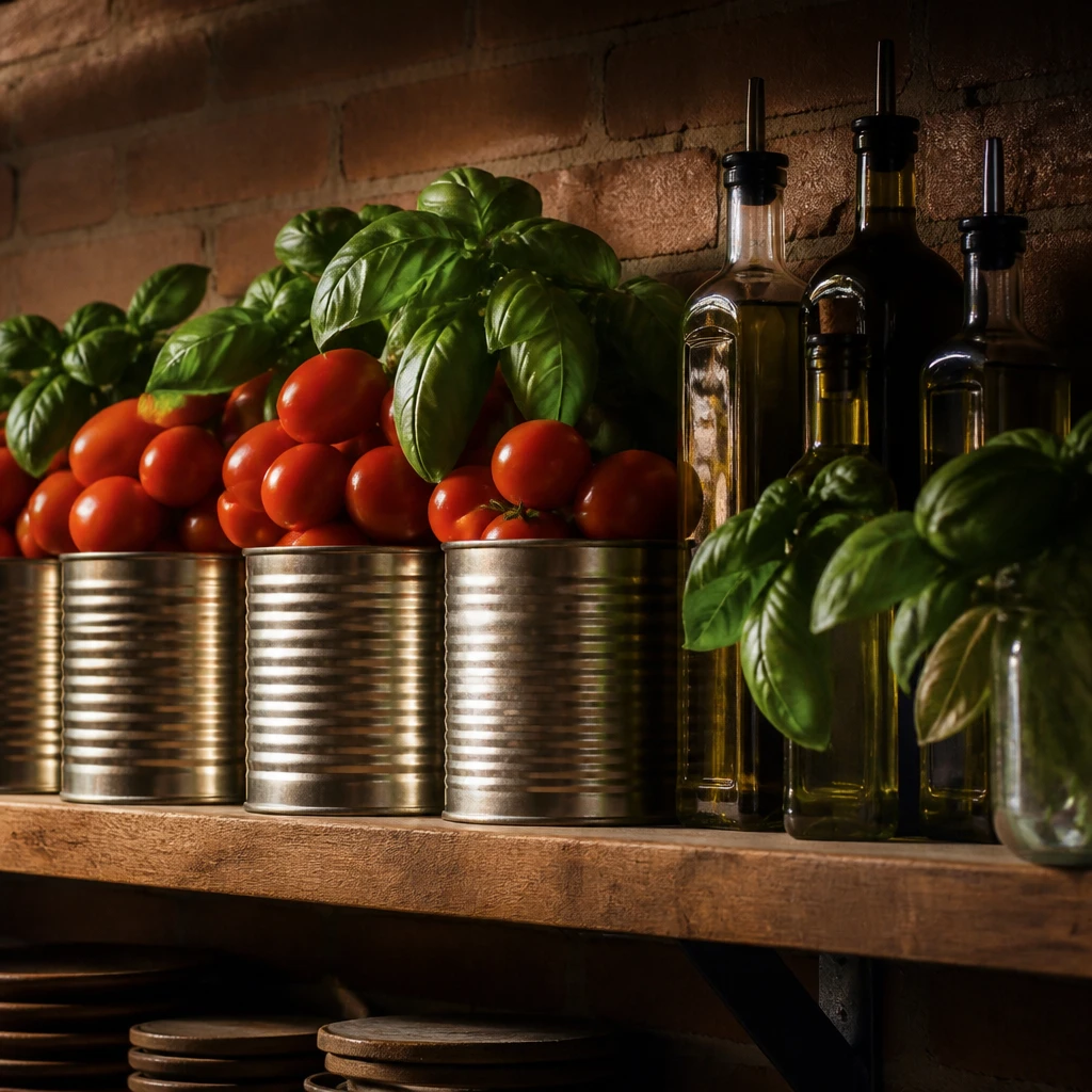 Detalhe do interior: prateleira de madeira com latas de tomate italiano, garrafas de azeite e ramos de manjericão, parede de tijolo