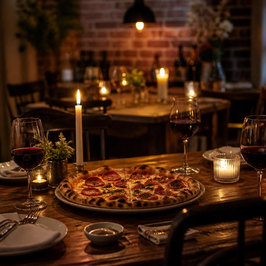 Mesa de madeira rústica posta com pizza ao centro, taças de vinho tinto e velas, ambiente aconchegante de luz quente