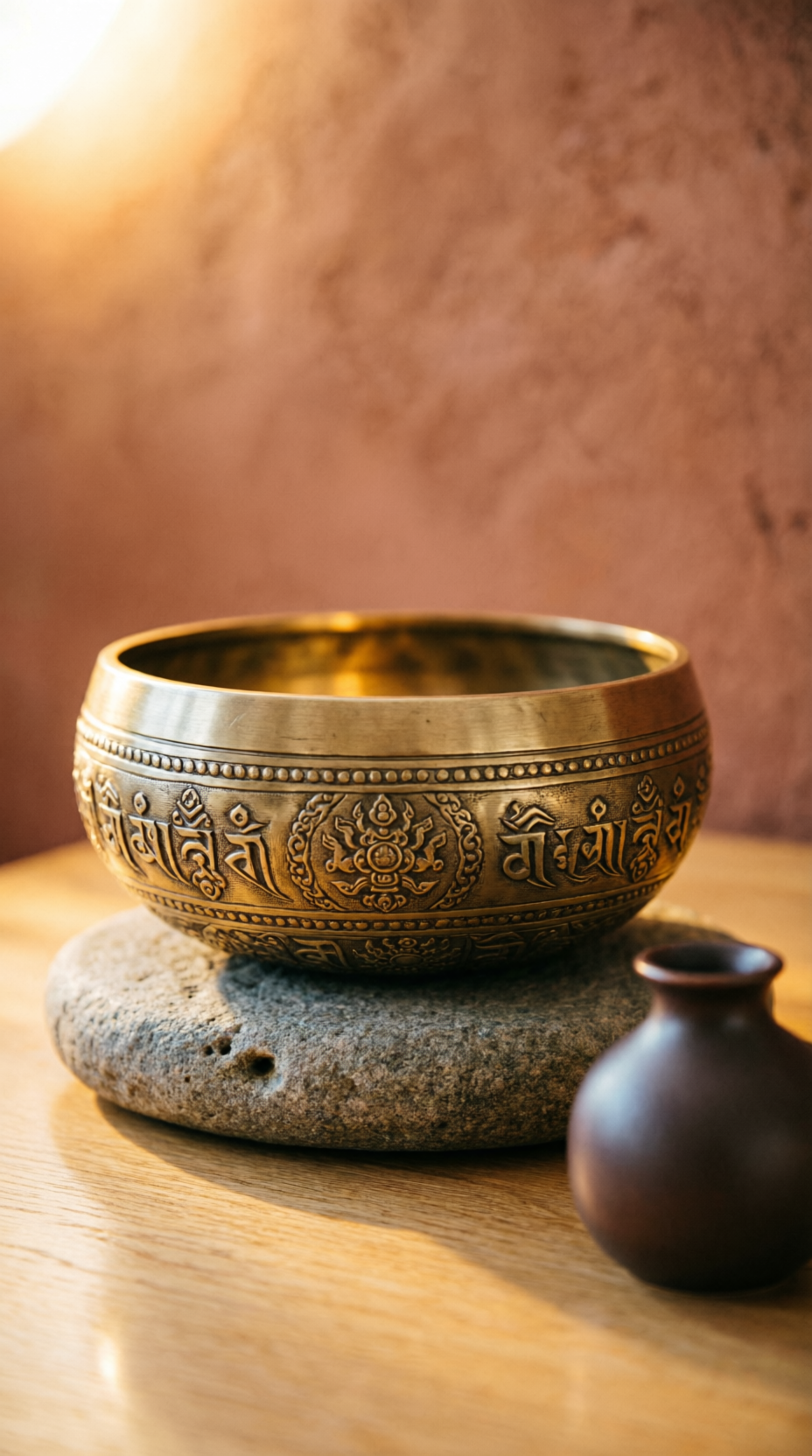 Bowl tibetano ornamentado em close-up