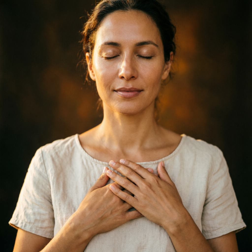 Mulher com mãos no coração sob luz dourada