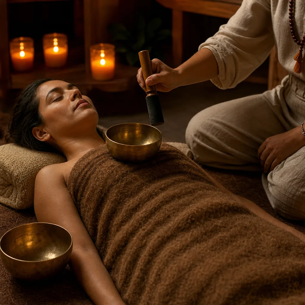 Pessoa deitada recebendo sessão de sound healing com tigelas sobre o corpo