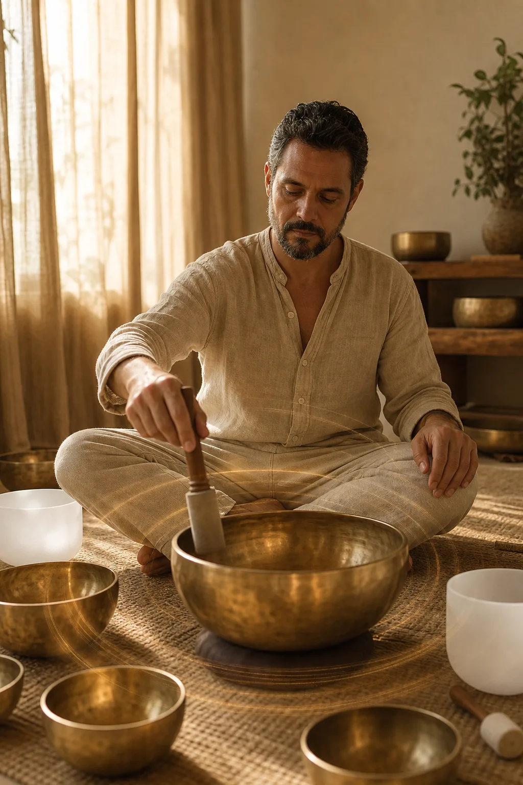 Terapeuta conduzindo sessão de sound healing com tigela tibetana