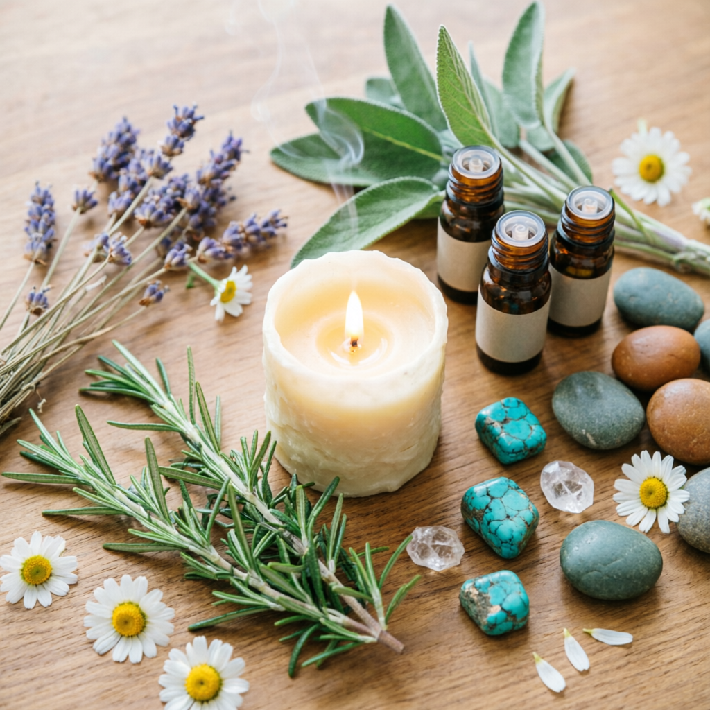 Flat lay de ervas, cristais, óleos essenciais e vela