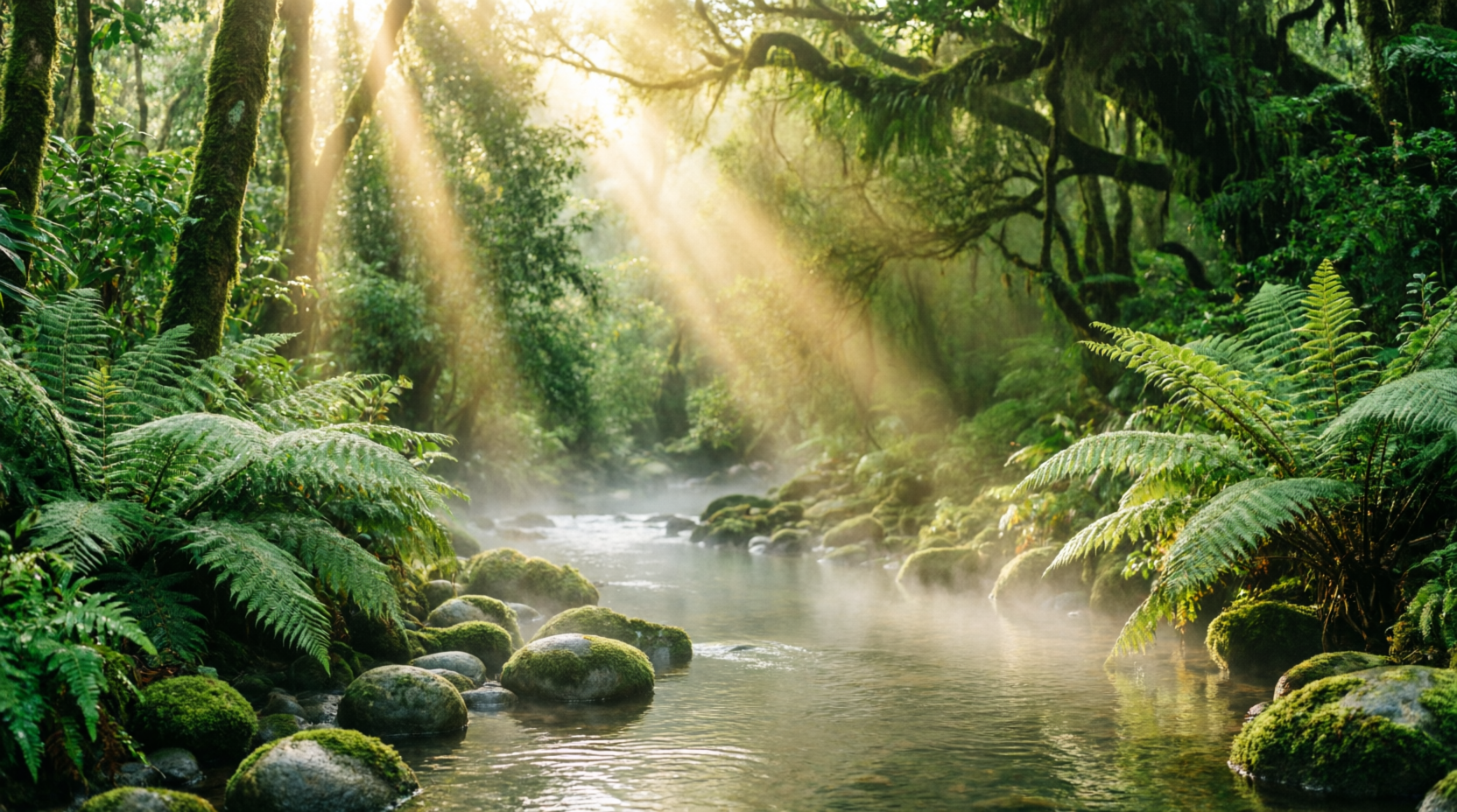 Floresta com rio, luz filtrada entre árvores e névoa
