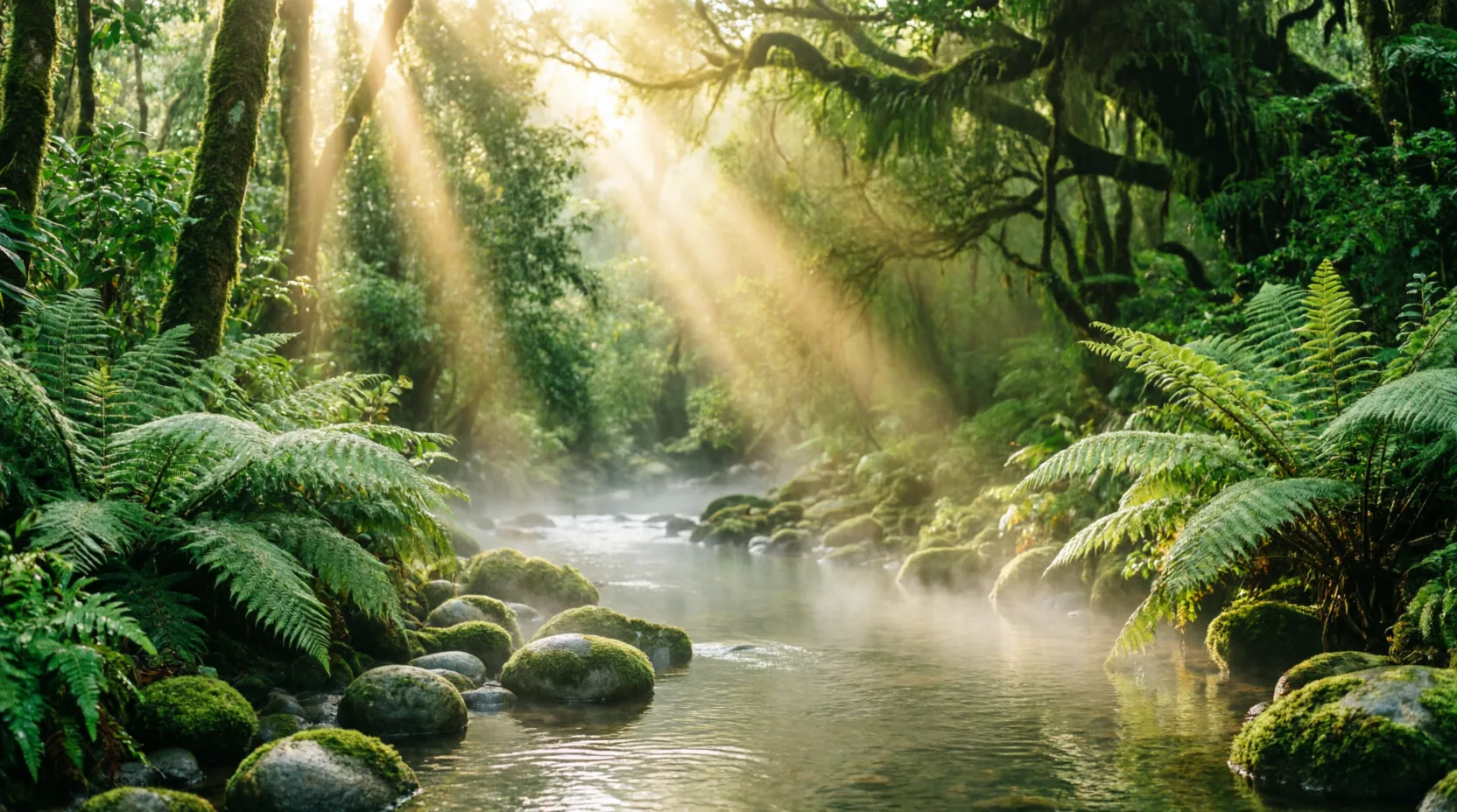 Floresta com rio, luz filtrada entre árvores e névoa