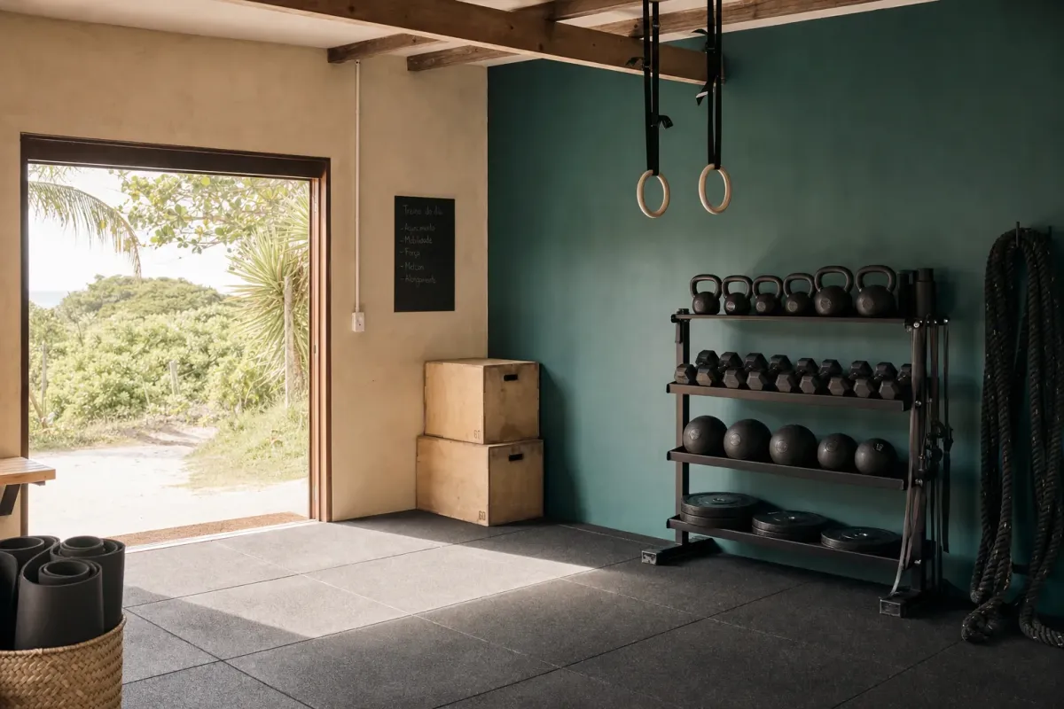 Interior do estúdio Vaivém: piso emborrachado, rack de kettlebells, caixotes de madeira, argolas e a porta aberta para a vegetação
