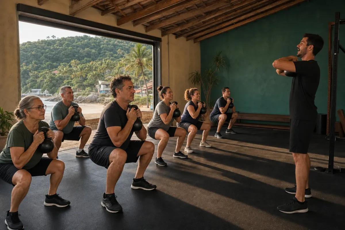 Turma de seis alunos de idades variadas agachando com kettlebells no estúdio Vaivém enquanto o professor, de pé ao lado, demonstra o movimento