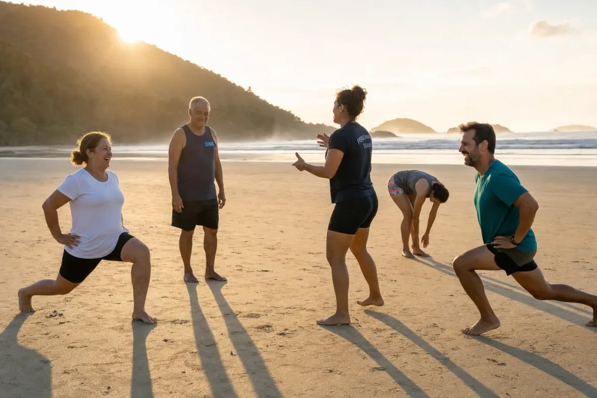 Grupo de cinco alunos treinando na areia ao nascer do sol na praia de Garopaba com a professora orientando