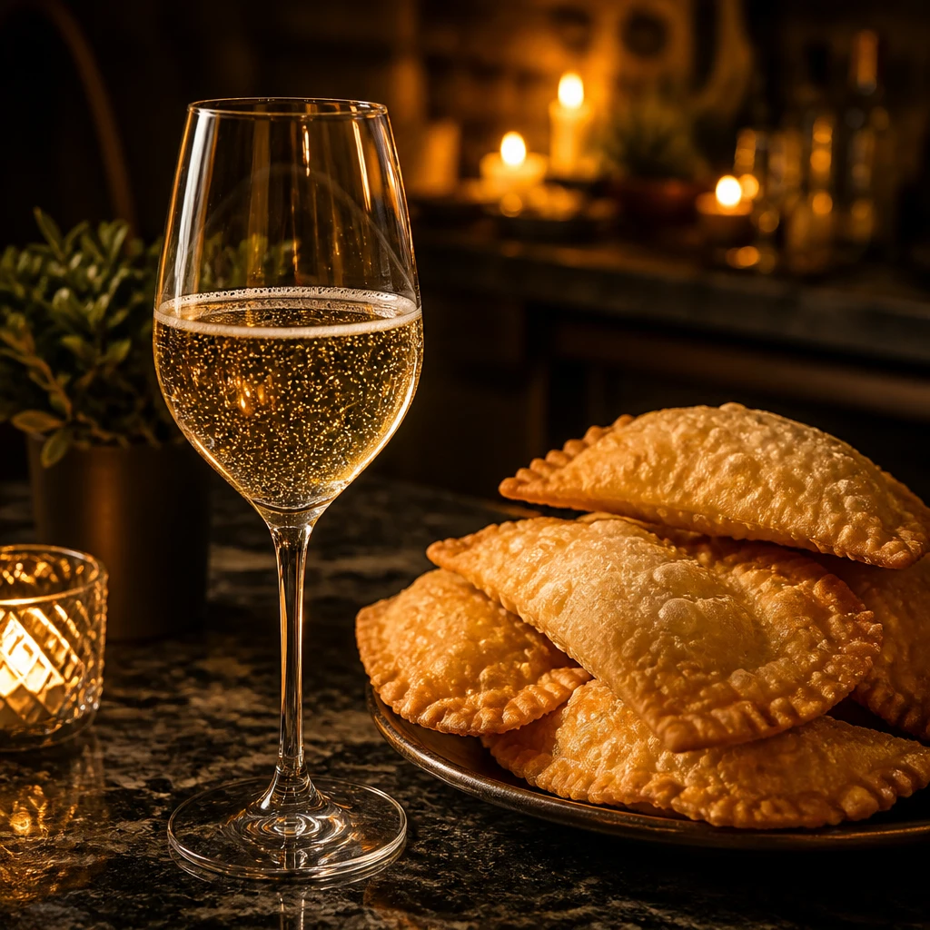 Taça de espumante natural com bolhas finas ao lado de pastéis dourados crocantes, sobre balcão de pedra escura