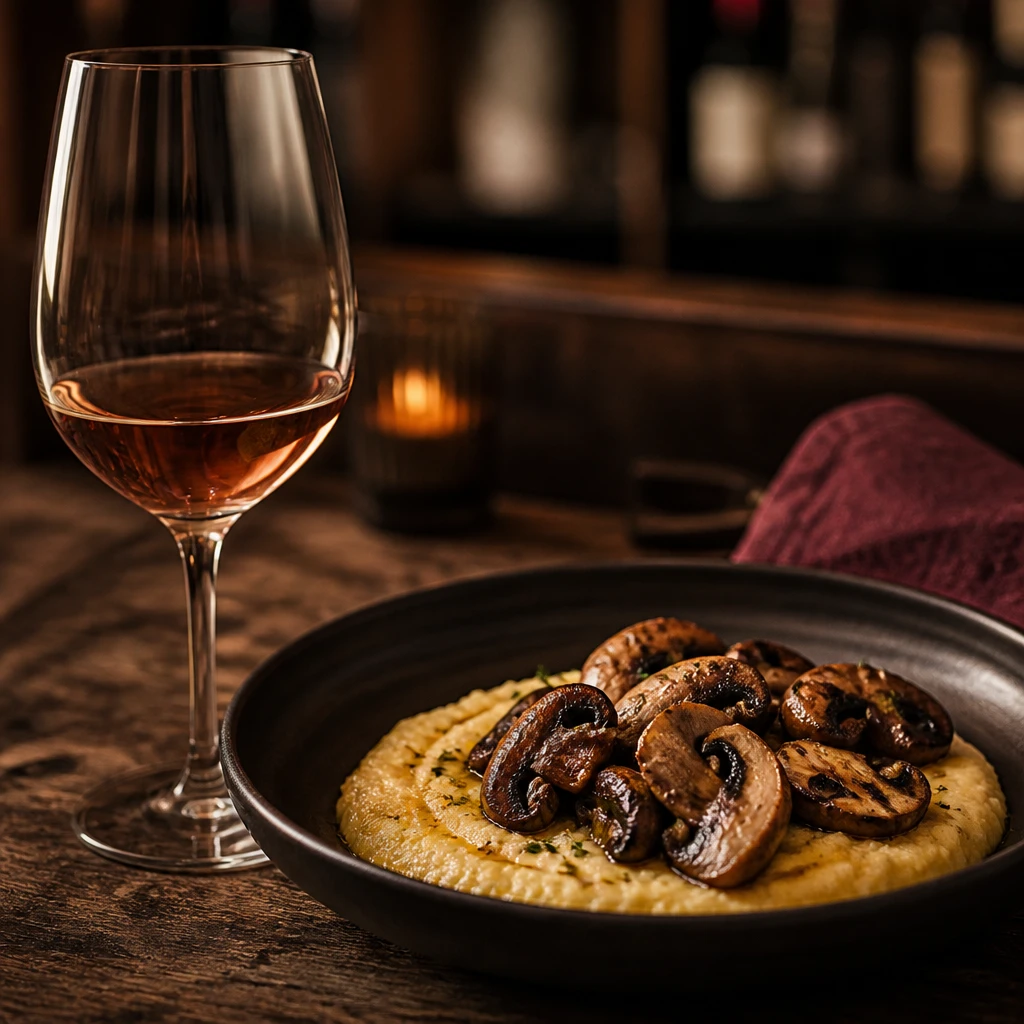 Taça de vinho tinto leve ao lado de cogumelos grelhados sobre polenta cremosa, em mesa escura com luz quente